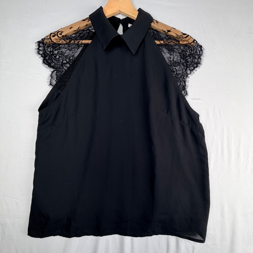 Floerns Lace Shoulder Sleeveless Blouse Size Medium Black Collared Keyhole Top
